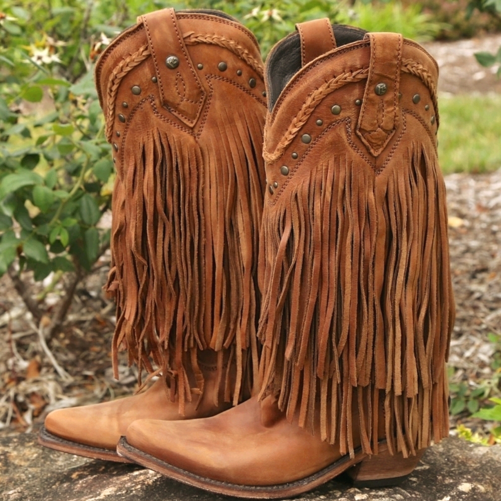 LIBERTY BLACK Vegas Faggio tiered fringe snip toe ladies cowboy western boots 8